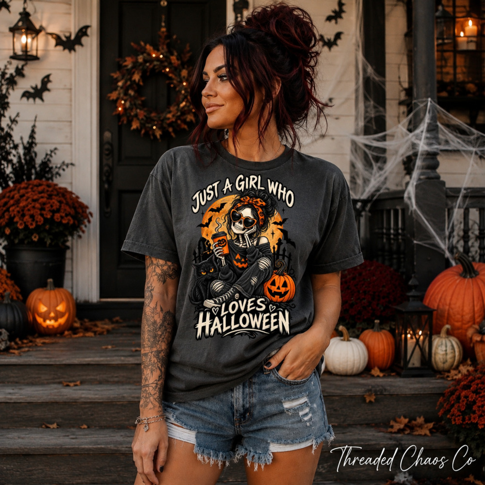 Threaded Chaos Co Just A Girl Who Loves Halloween T-Shirt Dark Grey
